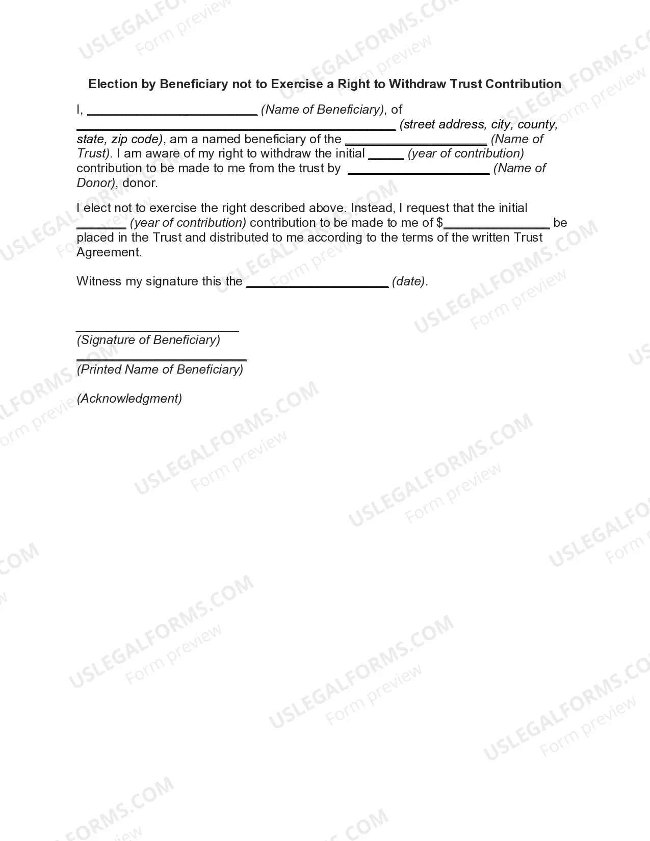 Election by Beneficiary not to Exercise a Right to Withdraw Trust Contribution Thumbnail