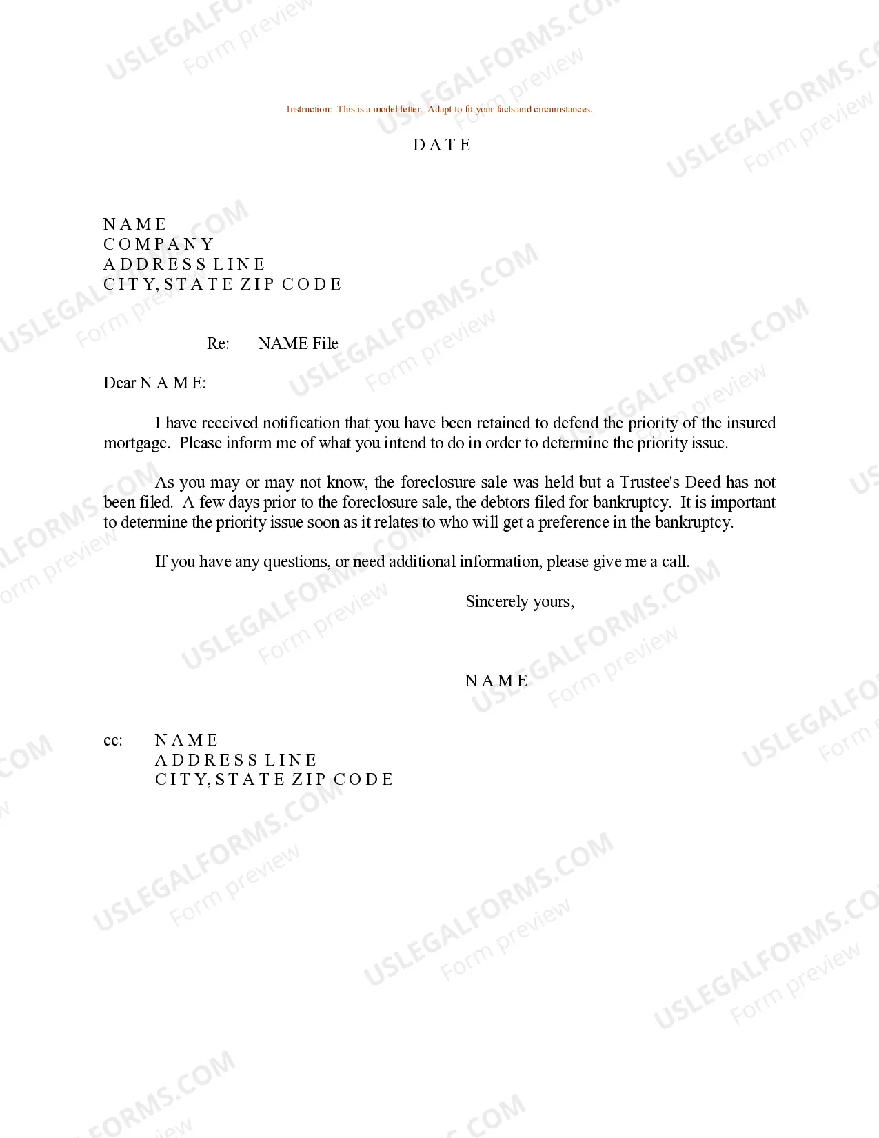 Sample Letter for Intentions regarding Defense of Priority of Insured Mortgage Thumbnail