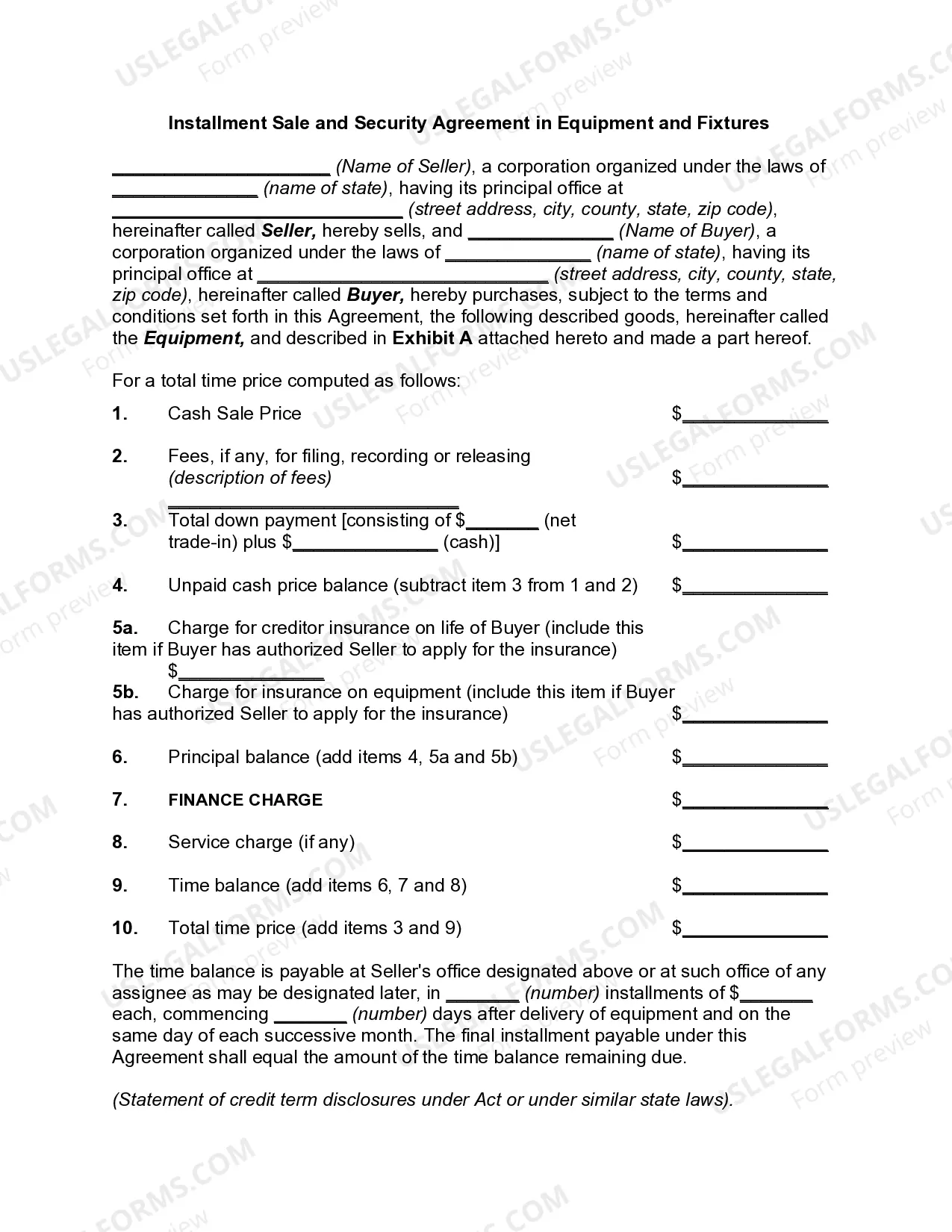 Installment Sale and Security Agreement in Equipment and Fixtures Thumbnail