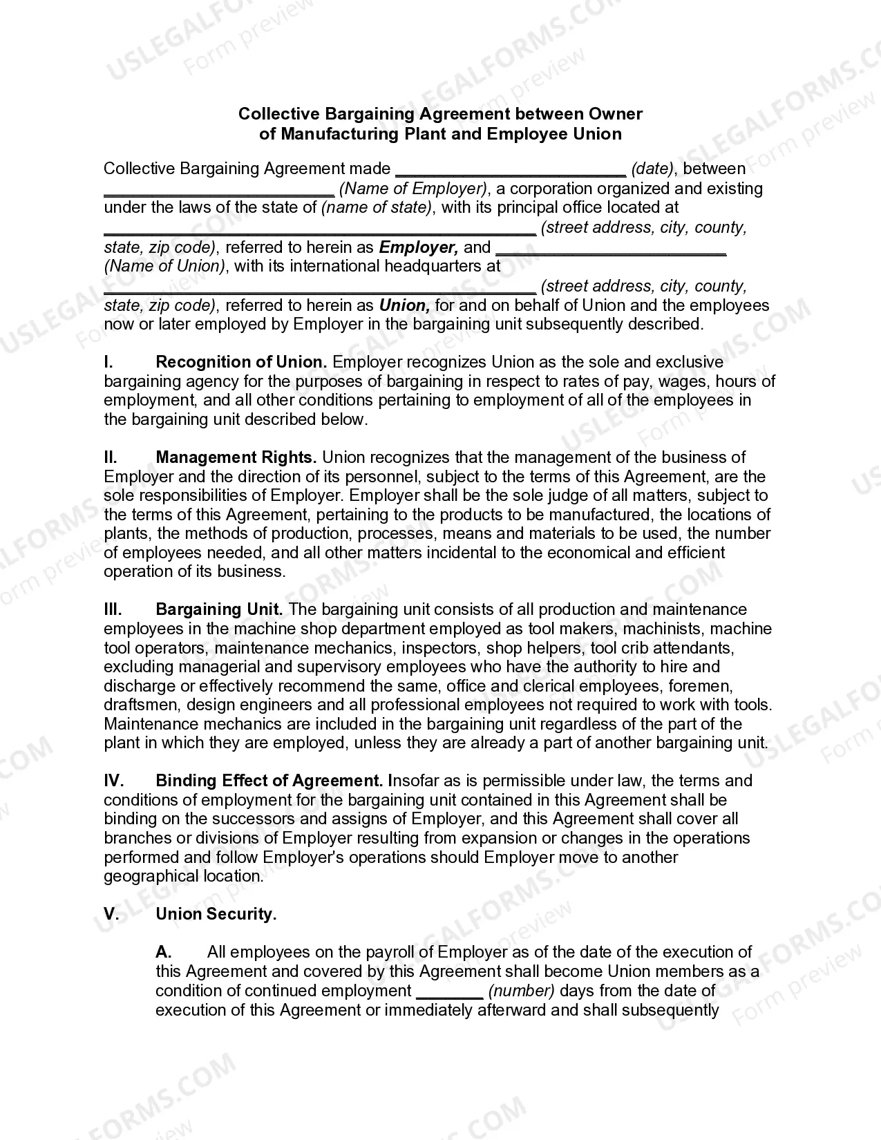 Collective Bargaining Agreement between Owner of Manufacturing Plant and Employee Union Thumbnail