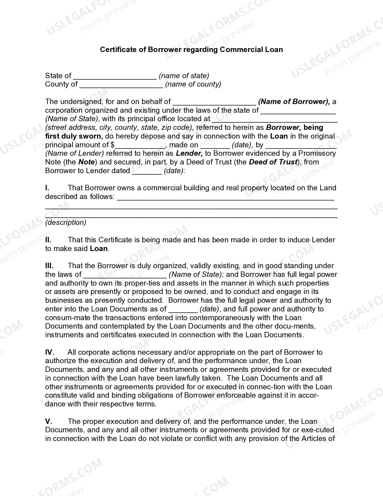 Certificate of Borrower regarding Commercial Loan Thumbnail