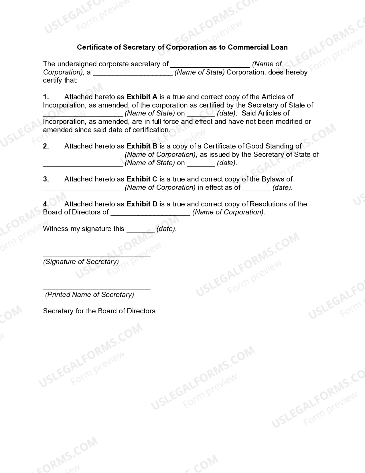 Certificate of Secretary of Corporation as to Commercial Loan Thumbnail