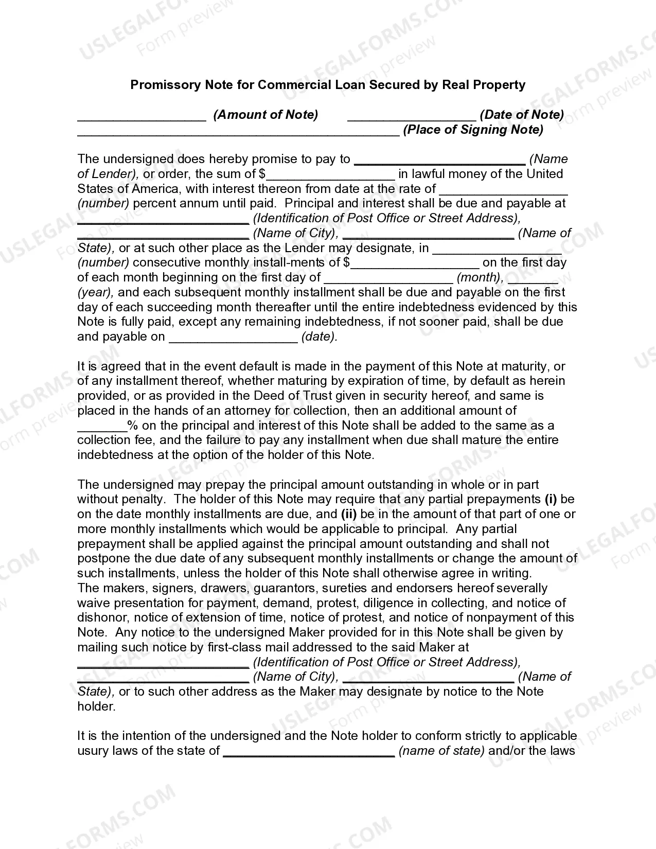 Promissory Note for Commercial Loan Secured by Real Property Thumbnail