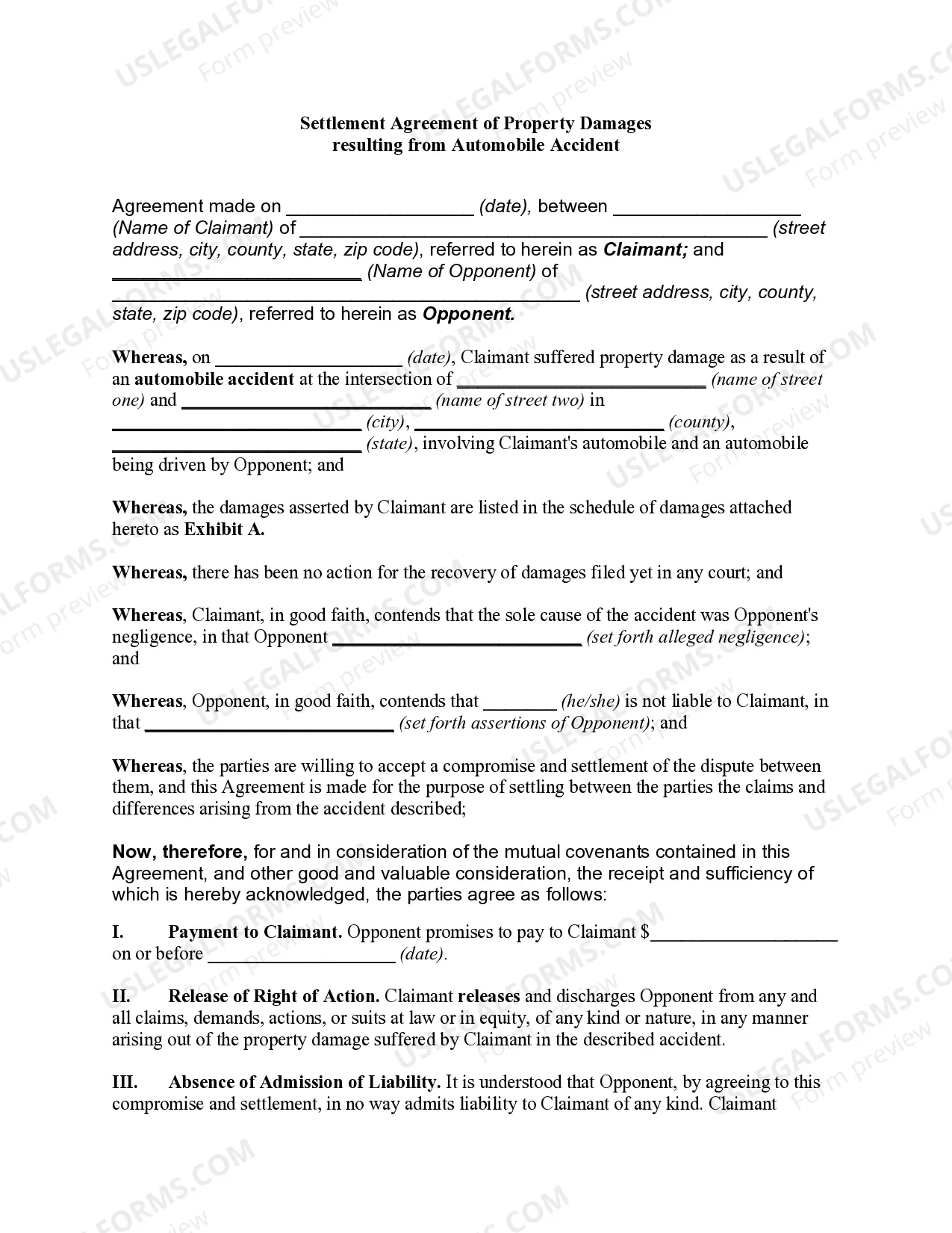 Settlement Agreement of Property Damages resulting from Automobile Accident Thumbnail