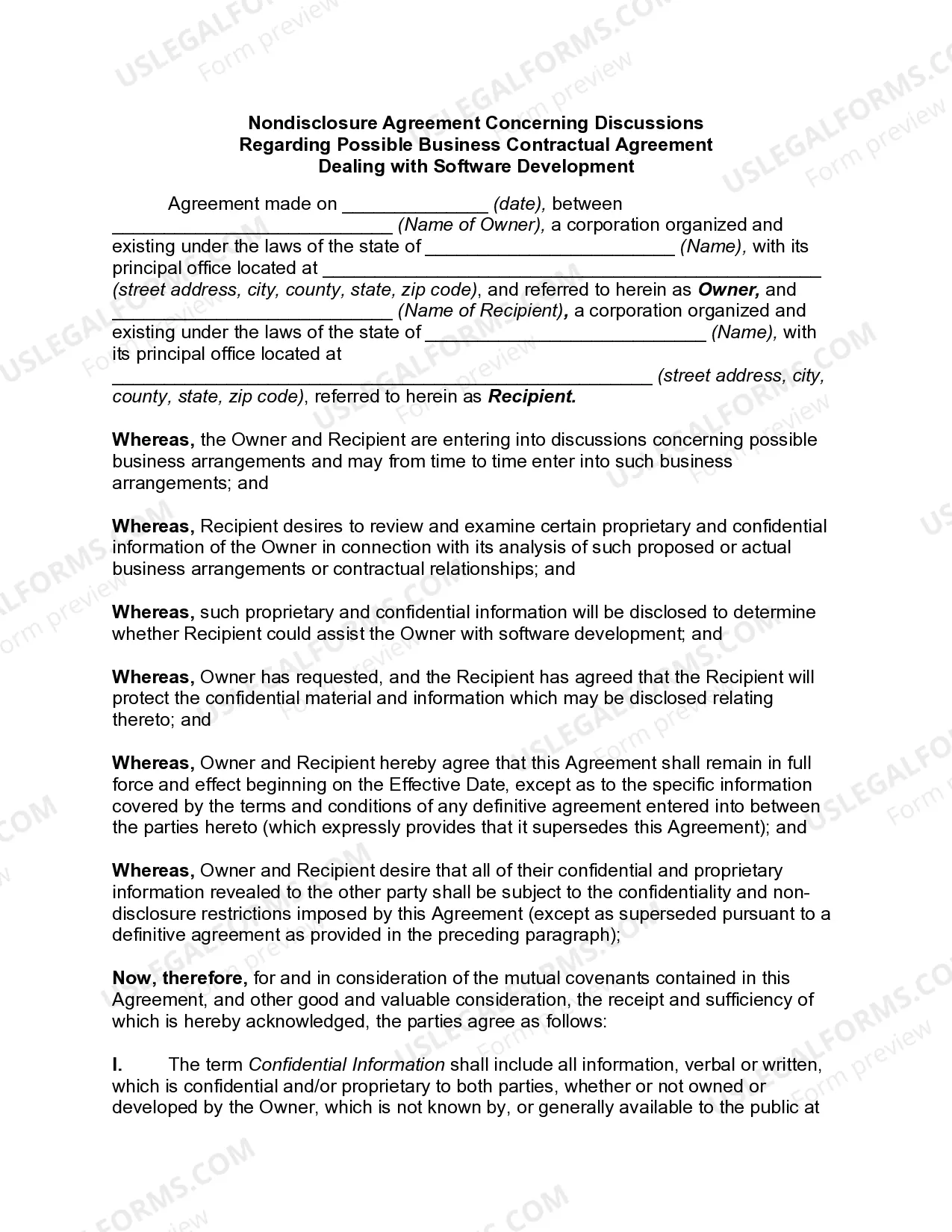 Nondisclosure Agreement Concerning Discussions Regarding Possible Business Contractual Agreement Dealing with Software Development Thumbnail