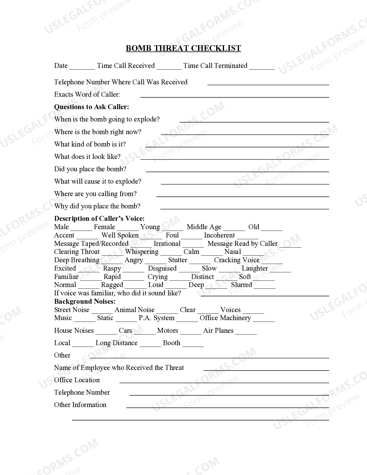 Bomb Threat Checklist Thumbnail