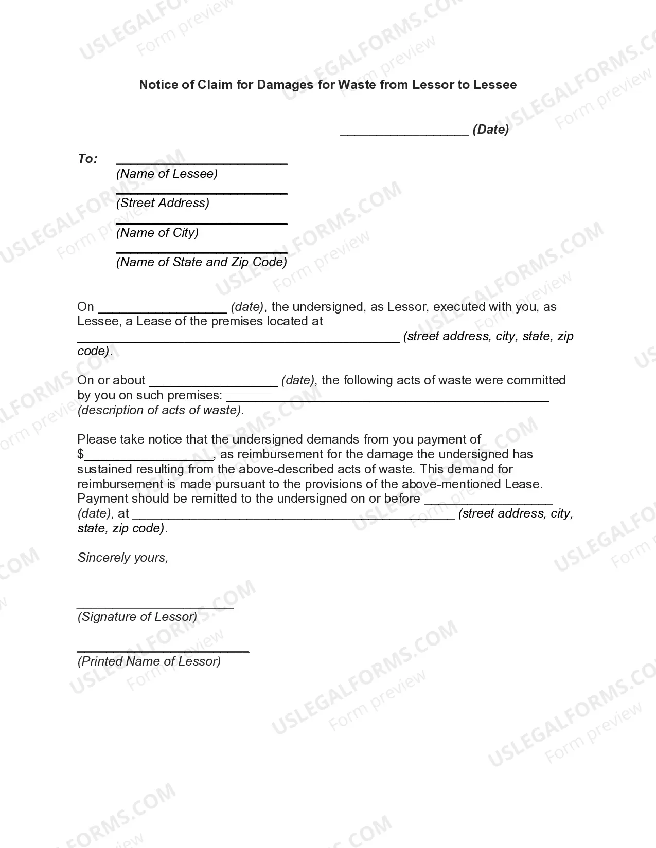 Notice of Claim for Damages for Waste from Lessor to Lessee Thumbnail