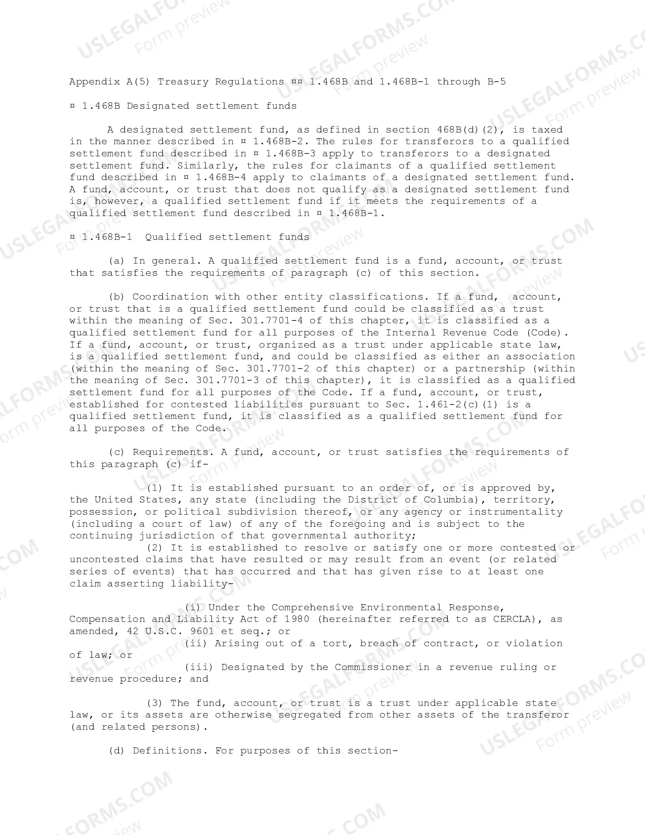 Designated Settlement Funds Treasury Regulations 1.468 and 1.468B.1 through 1.468B.5 Thumbnail