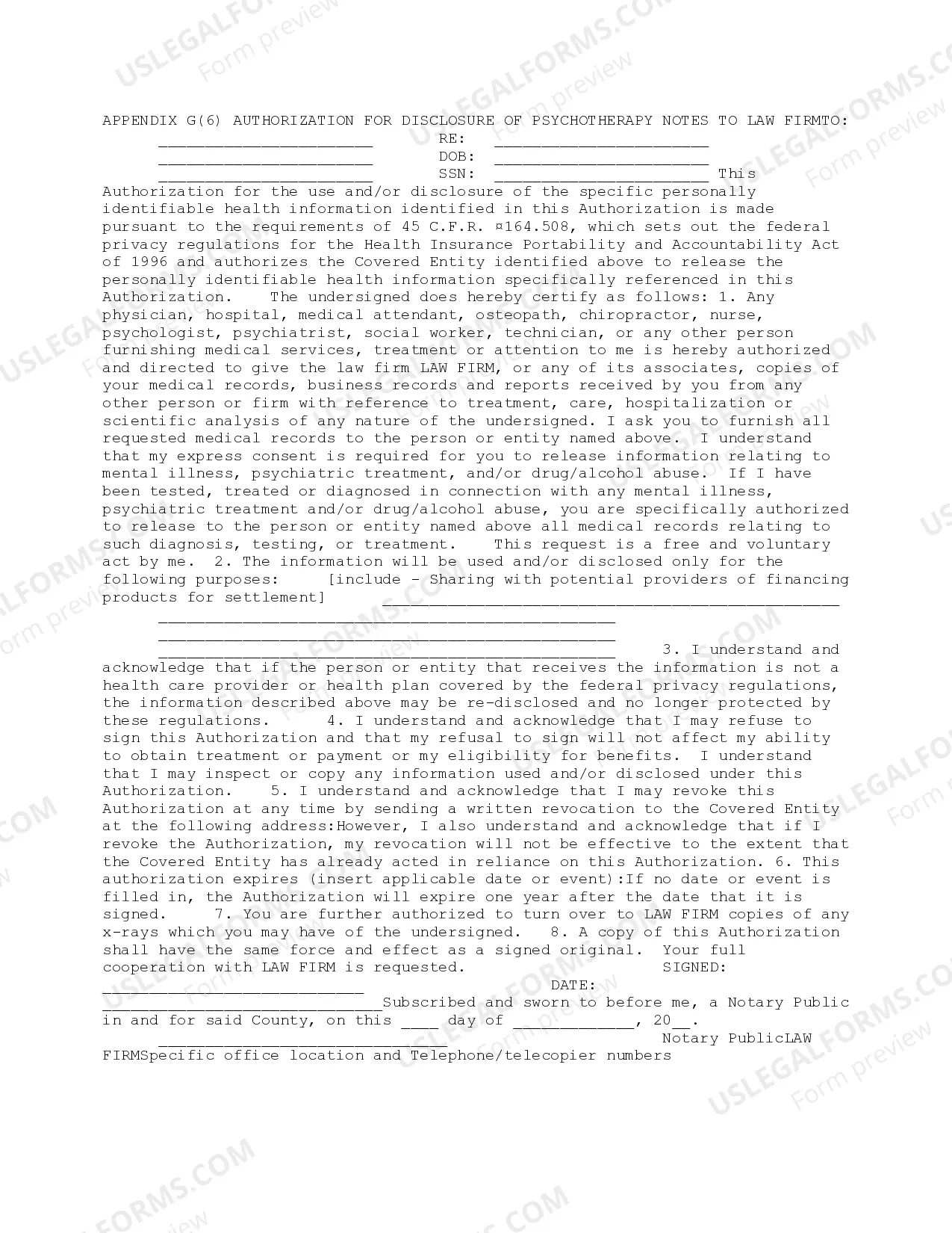 Authorization for Disclosure of Psychotherapy Notes to Law Firm Thumbnail