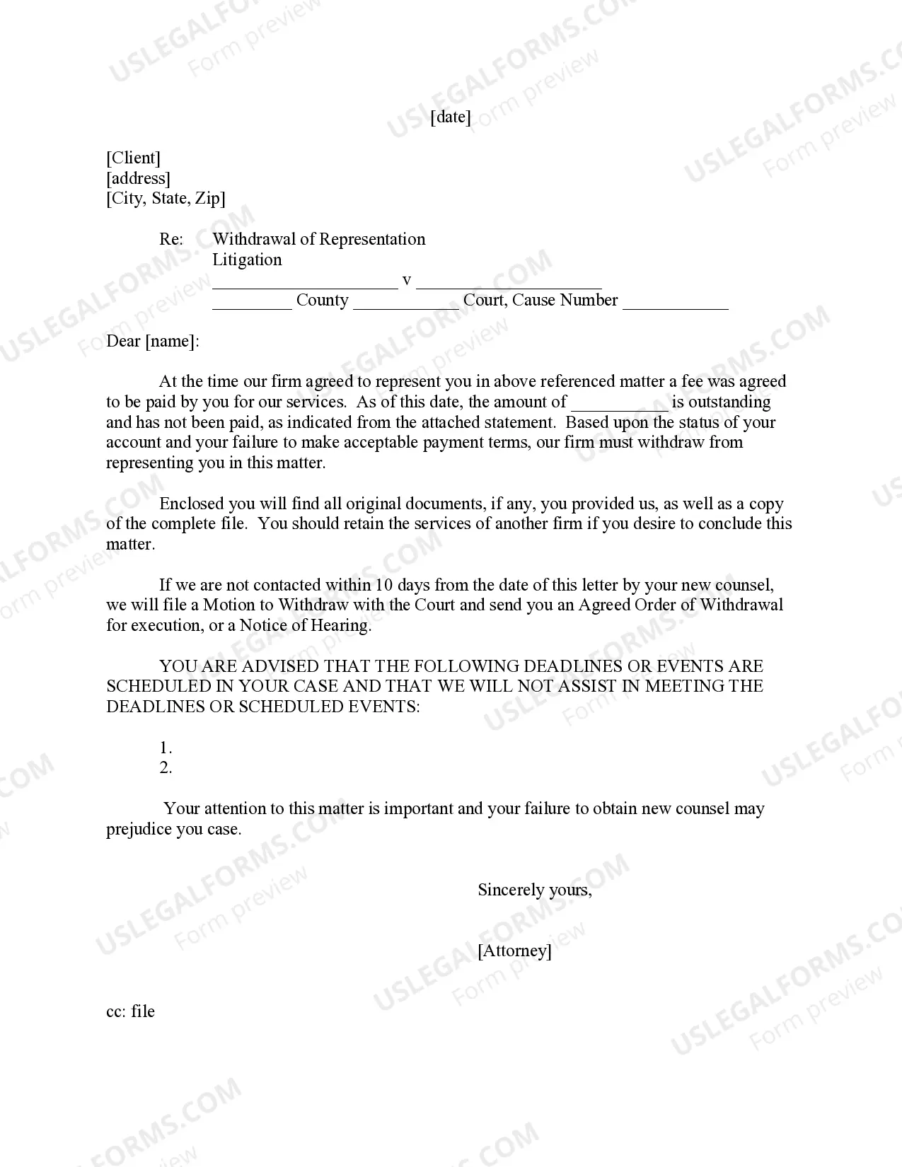 Letter to Client - Withdrawal of Representation Thumbnail