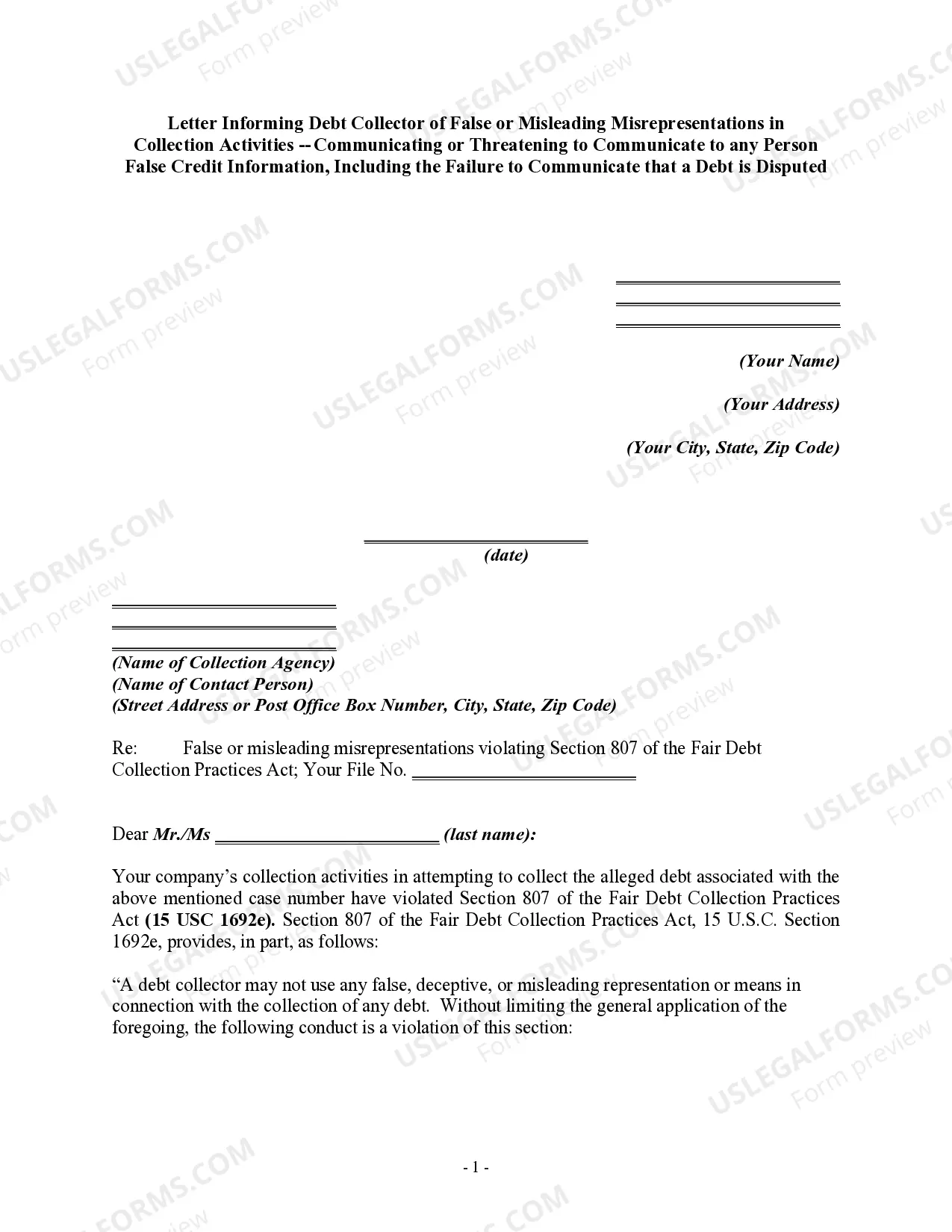 Letter Informing Debt Collector of False or Misleading Misrepresentations in Collection Activities - Communicating or Threatening to Communicate to any Person False Credit Information, Including the Failure to Communicate that a Debt is Disputed Thumbnail