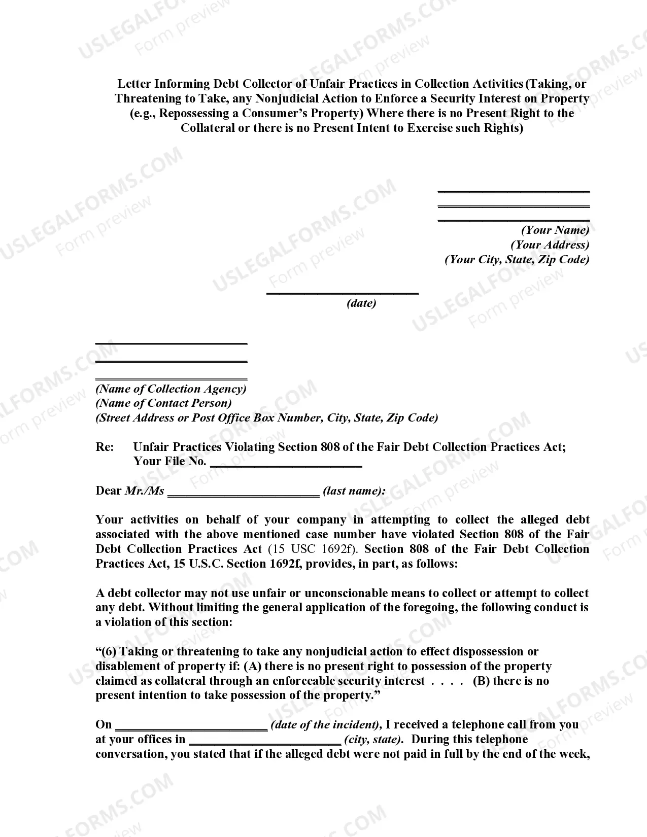 Letter Informing Debt Collector of Unfair Practices in Collection Activities - Taking, or Threatening to Take, any Nonjudicial Action Where there is no Present Right or Intent to Exercise such Rights Thumbnail