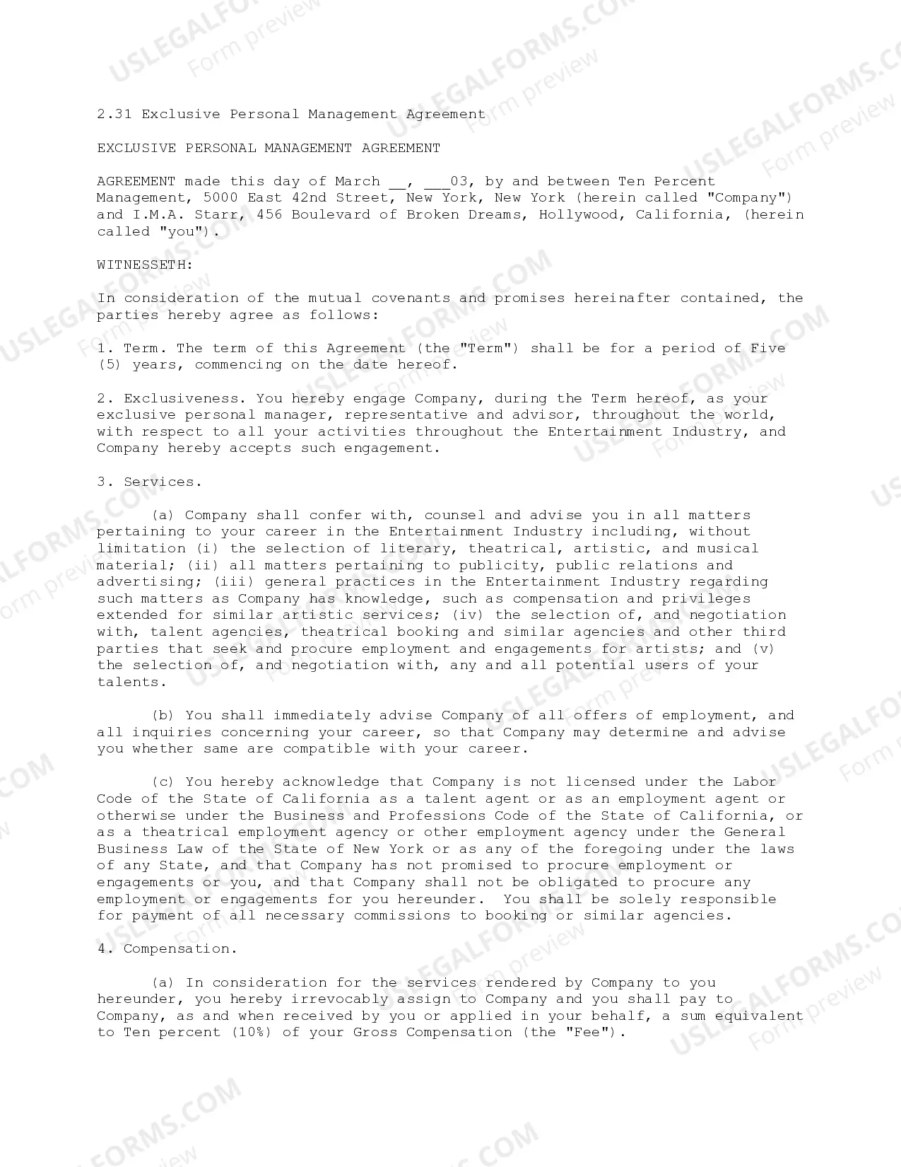 Exclusive Personal Management Agreement Thumbnail