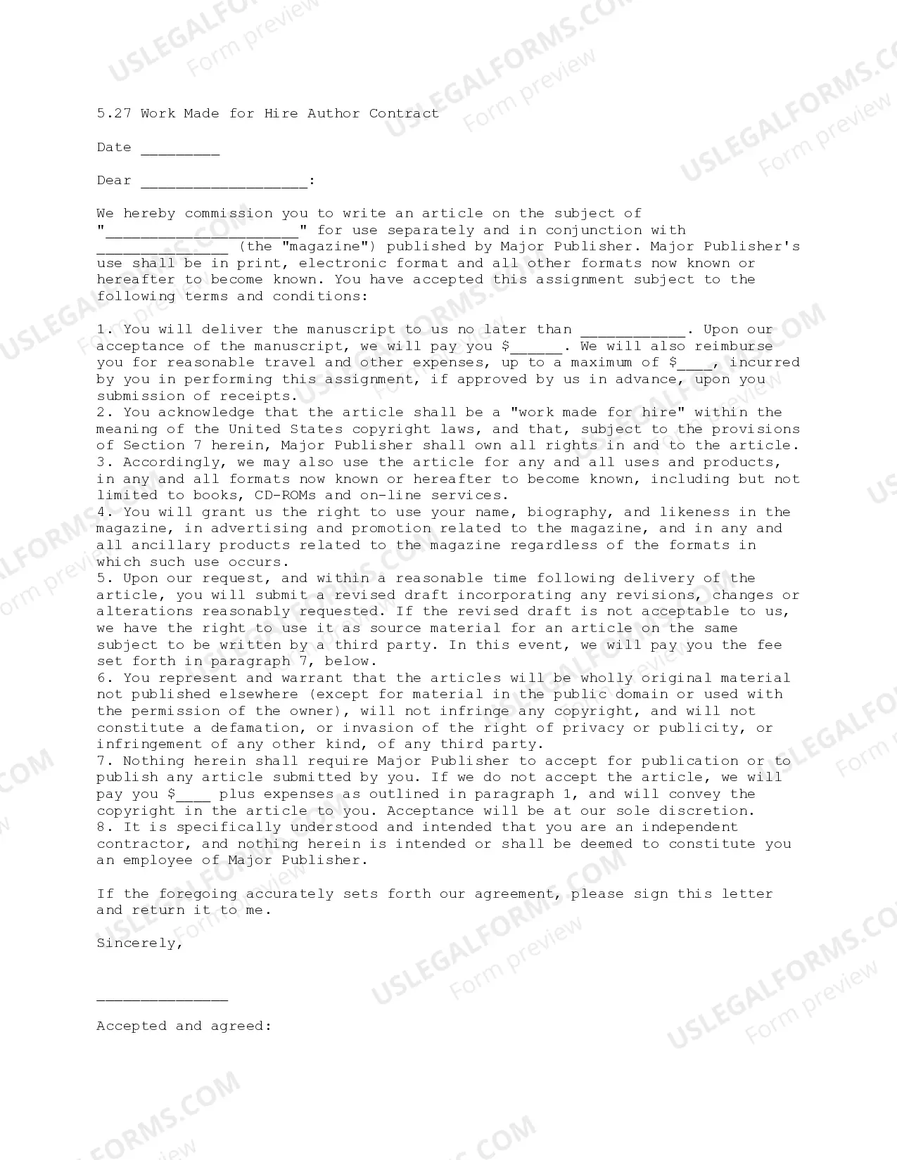 Work Made for Hire Author Contract Thumbnail