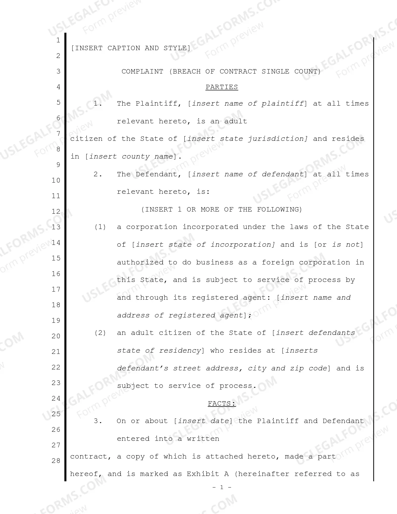 Complaint regarding Breach of Contract for Actual Damages Thumbnail