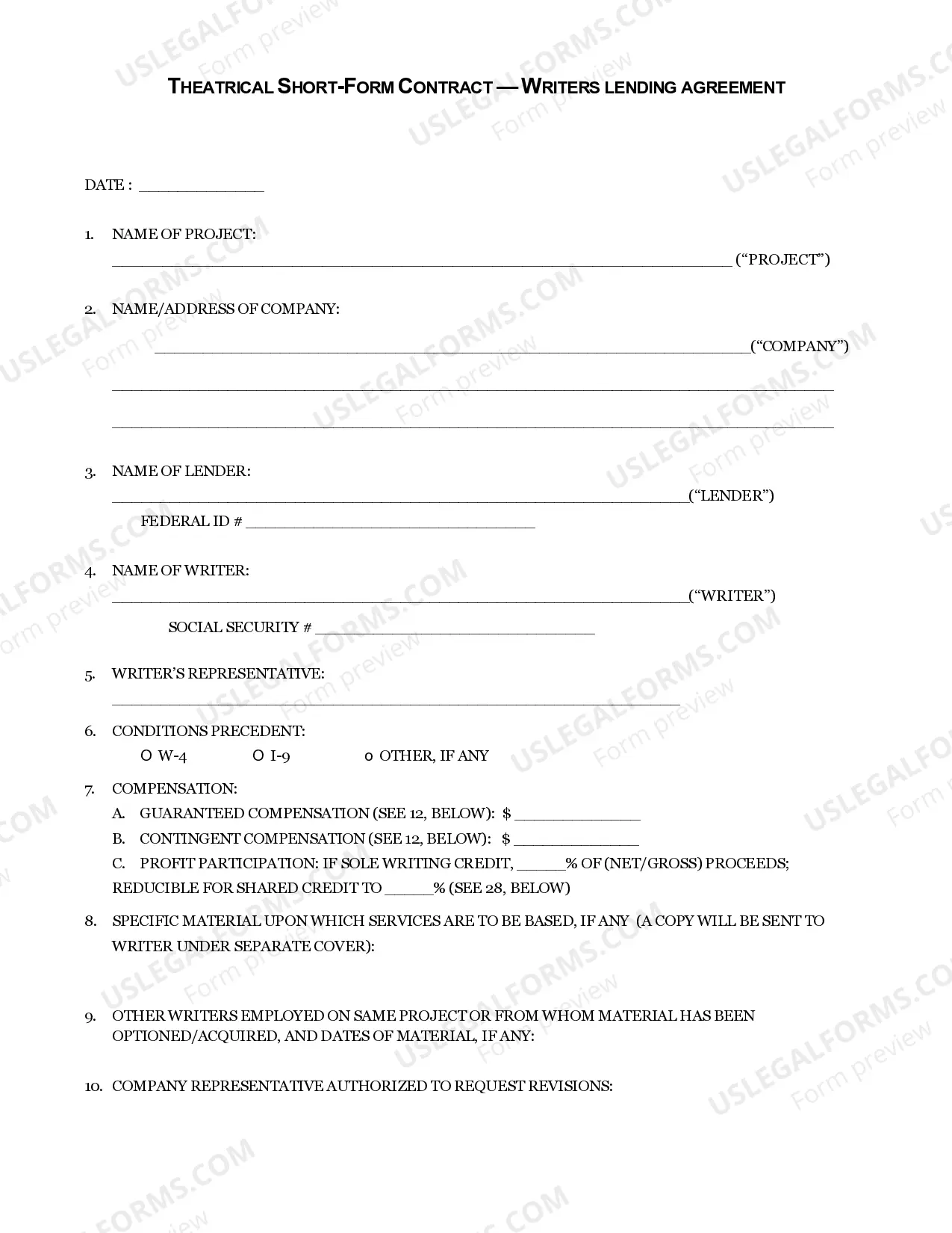 Writers Guild Of America - Theatrical Short Form Contract Writers Lending Agreement Thumbnail