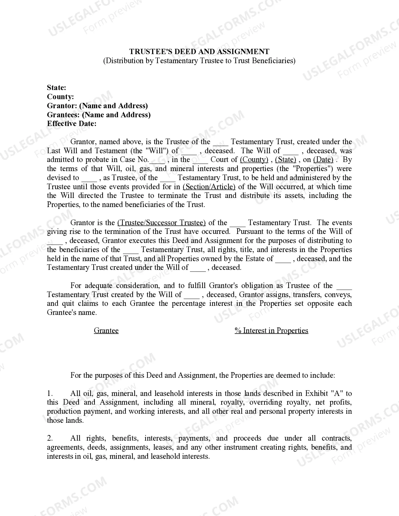 Trustee's Deed and Assignment for Distribution by Testamentary Trustee to Trust Beneficiaries Thumbnail