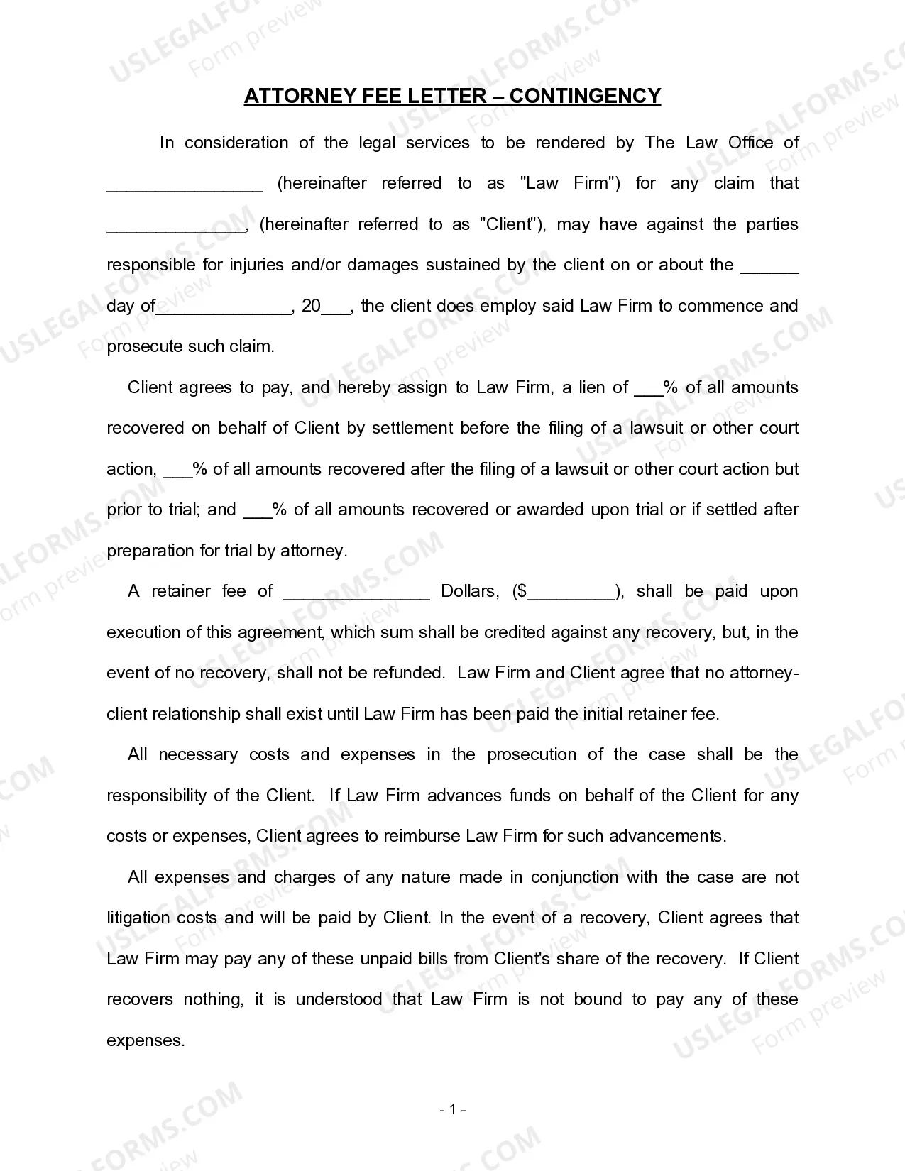 Attorney Fee Letter for Personal Injury - Contingency Retainer Thumbnail
