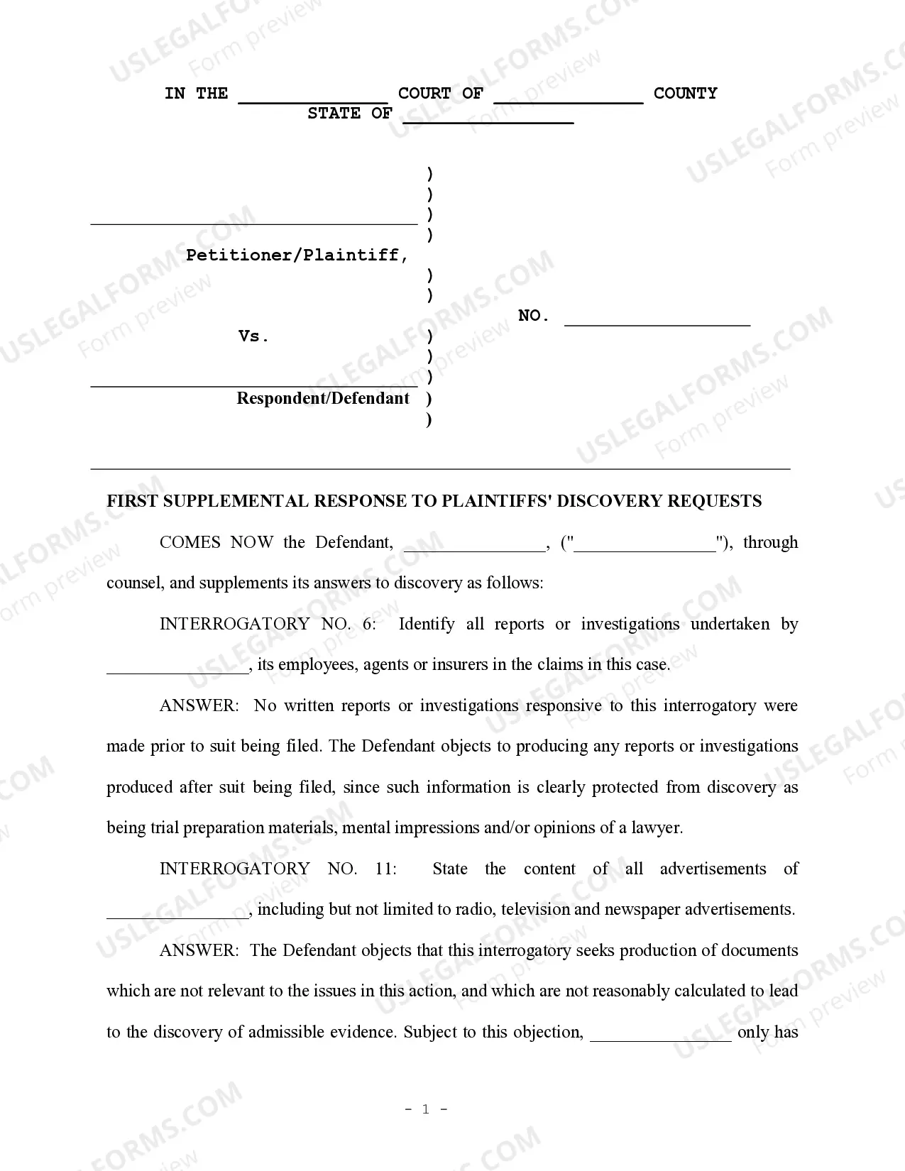 Defendant's First Supplemental response to Plaintiff's Discovery Request Thumbnail