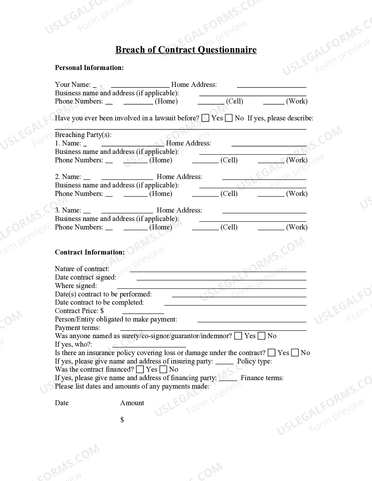 Breach of Contract Questionnaire Thumbnail