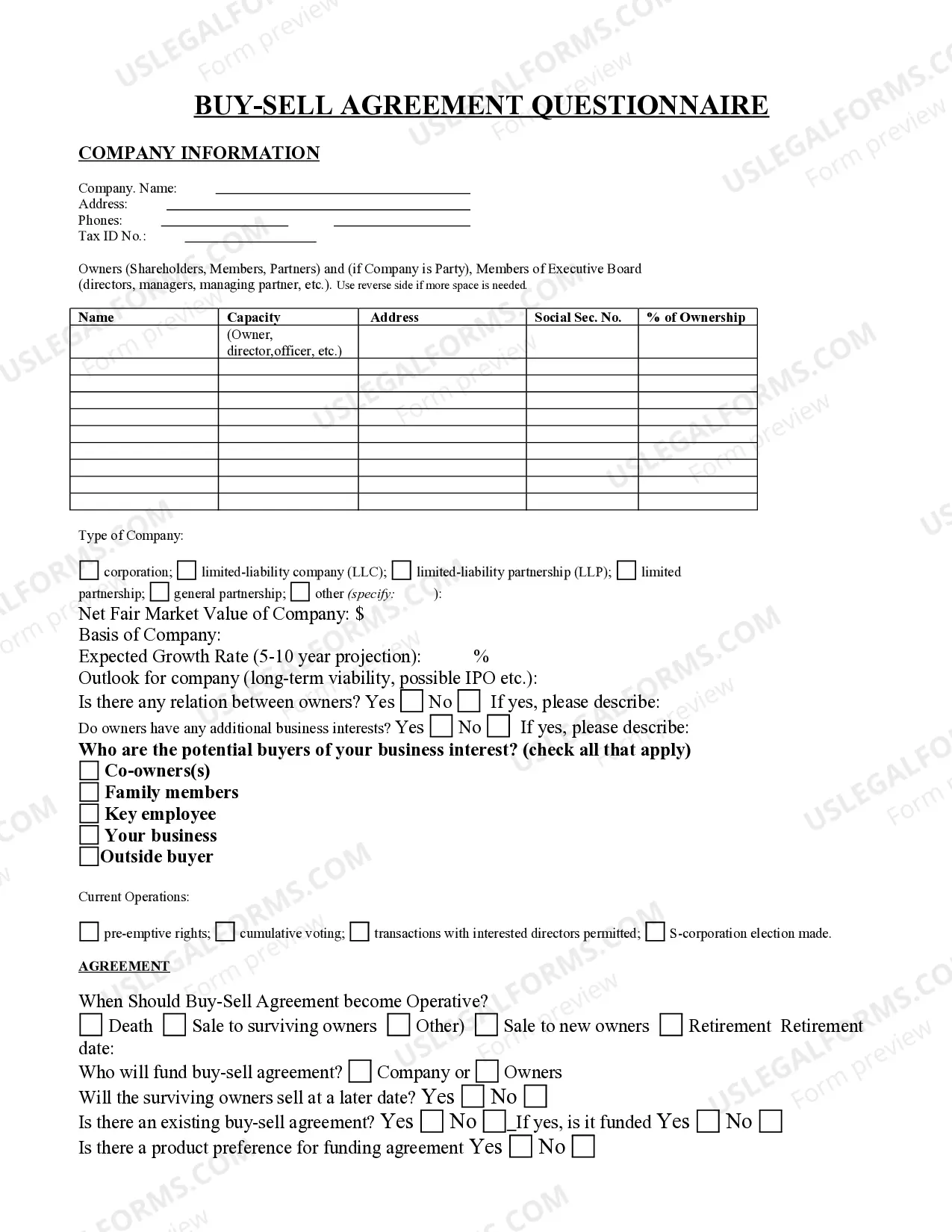 Buy Sell Agreement Questionnaire Thumbnail