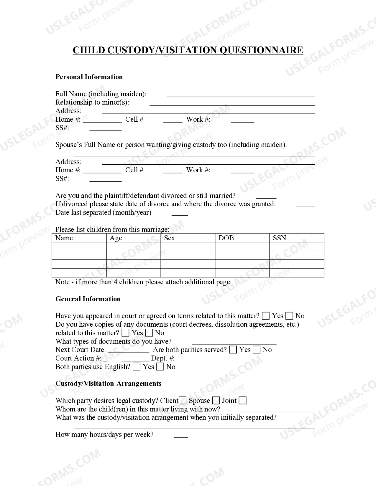 Child Custody and Visitation Questionnaire Thumbnail