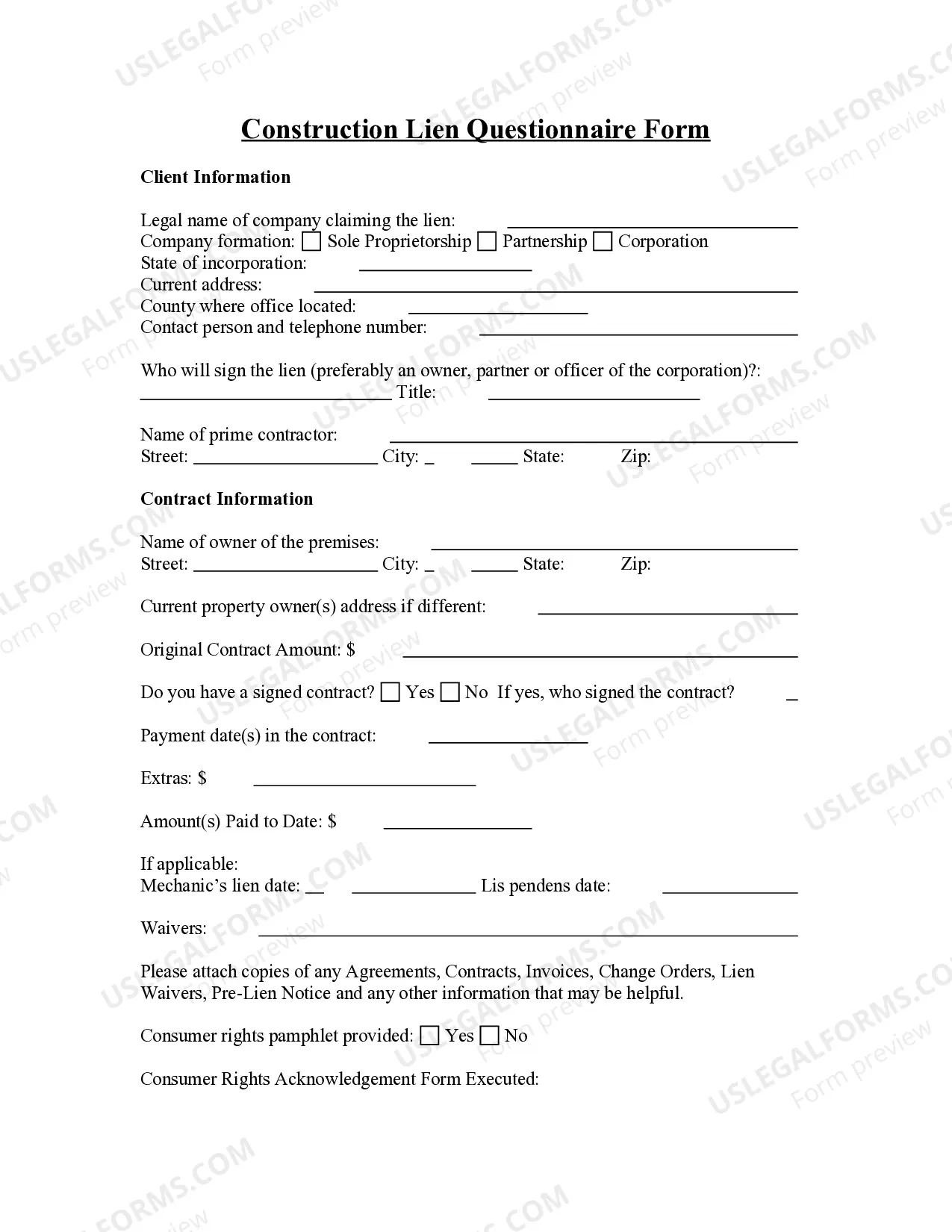 Construction or Mechanics Lien Questionnaire Thumbnail