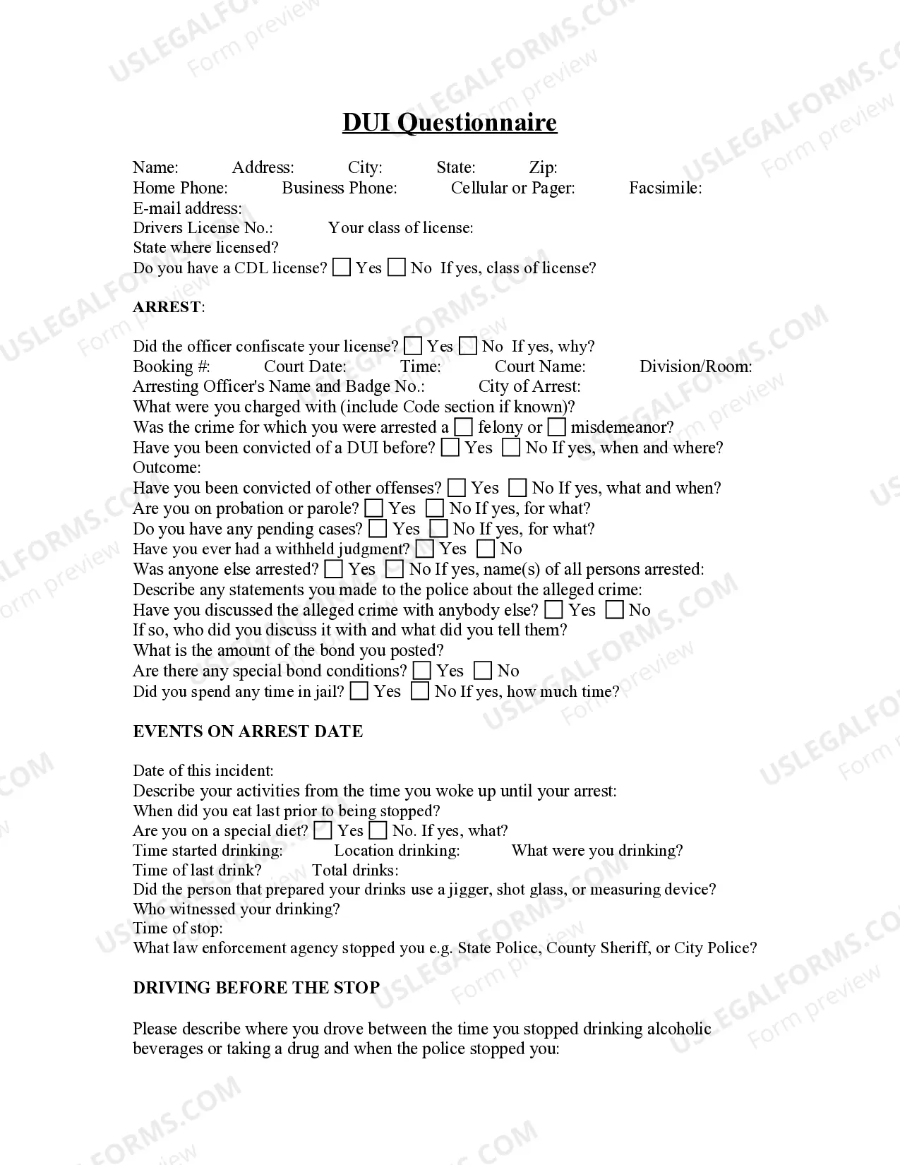 Driving Under the Influence - DUI - Questionnaire Thumbnail