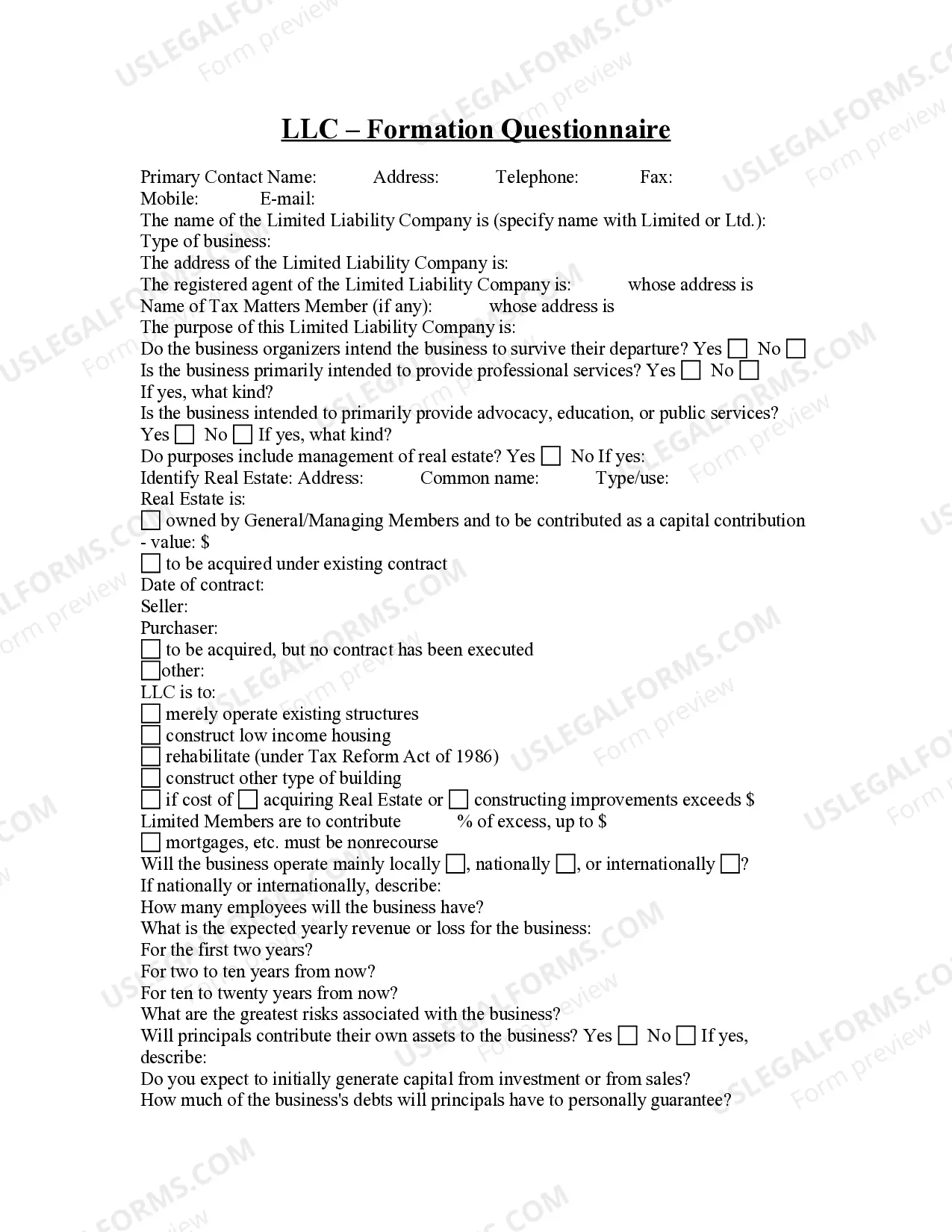 Limited Liability Company - LLC - Formation Questionnaire Thumbnail
