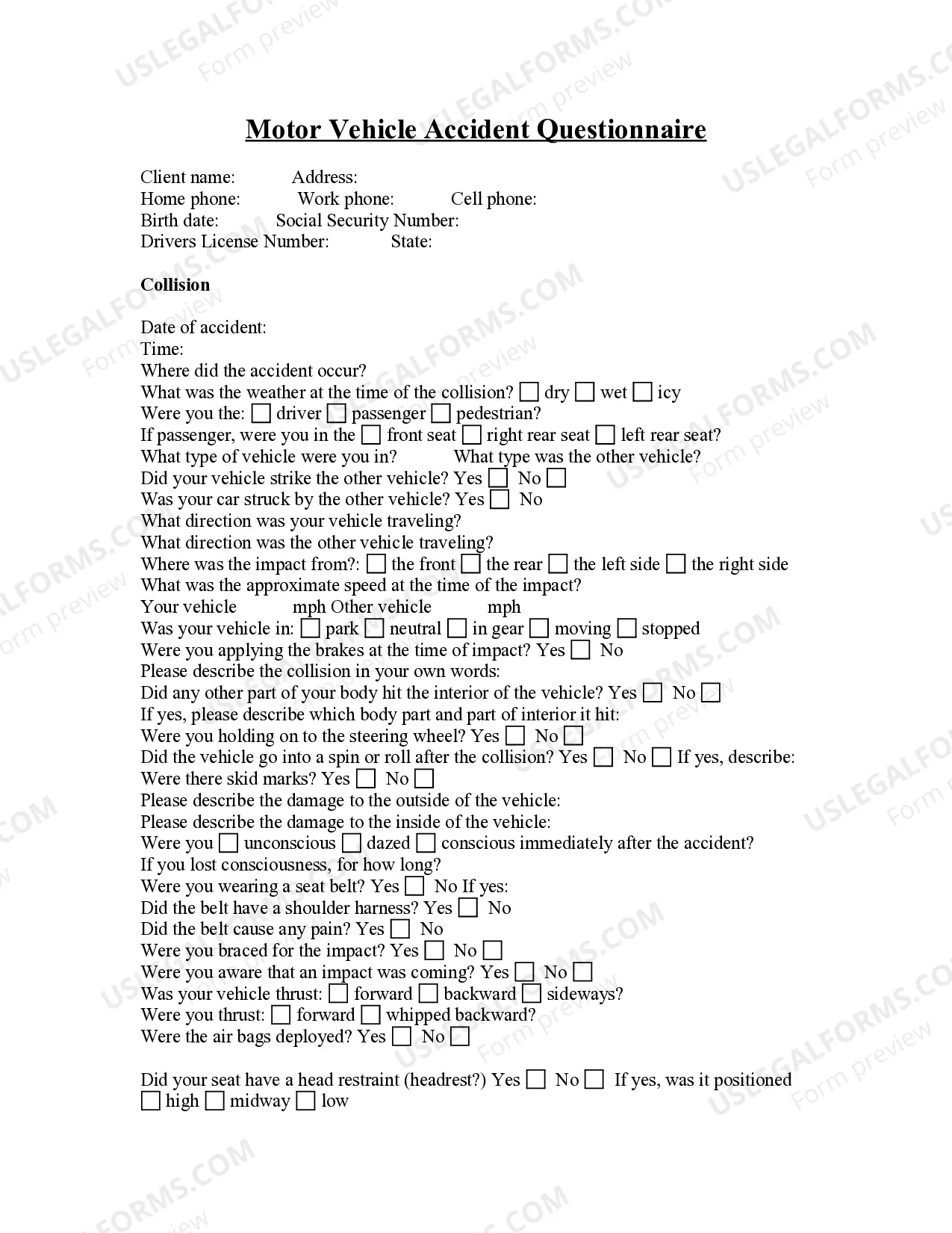 Motor Vehicle Accident Questionnaire Thumbnail