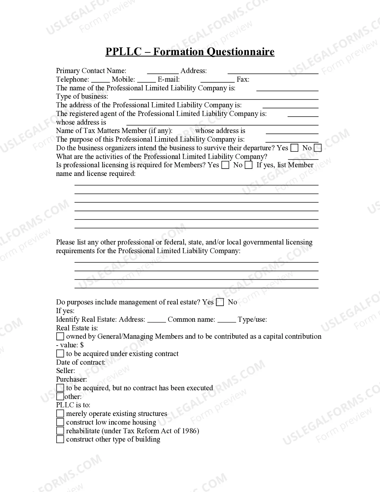 Professional Limited Liability Company - PLLC - Formation Questionnaire Thumbnail