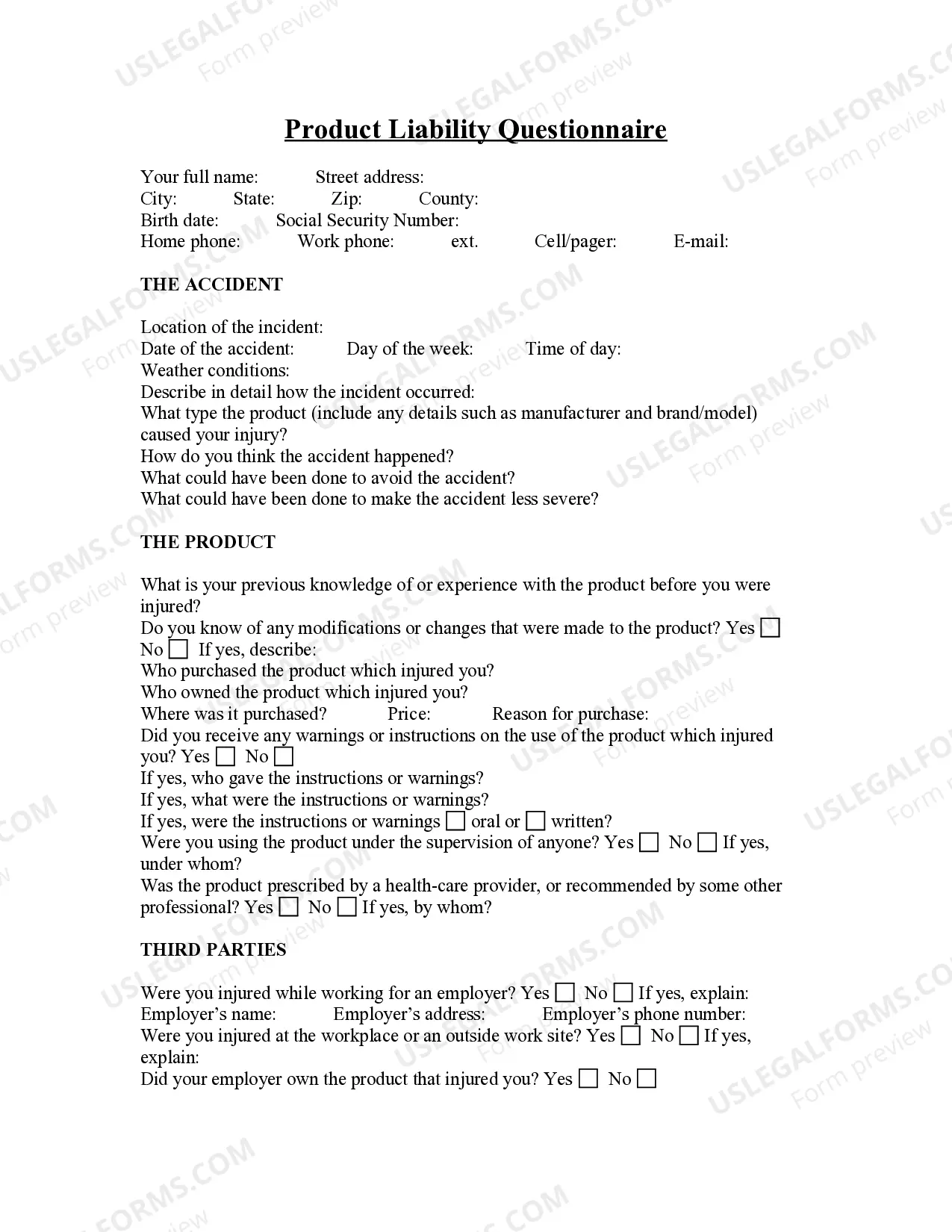 Products Liability Questionnaire Thumbnail