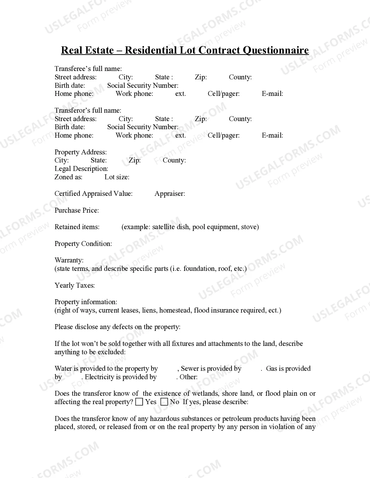 Purchase or Sale of Real Property - Land or Lot - Questionnaire Thumbnail