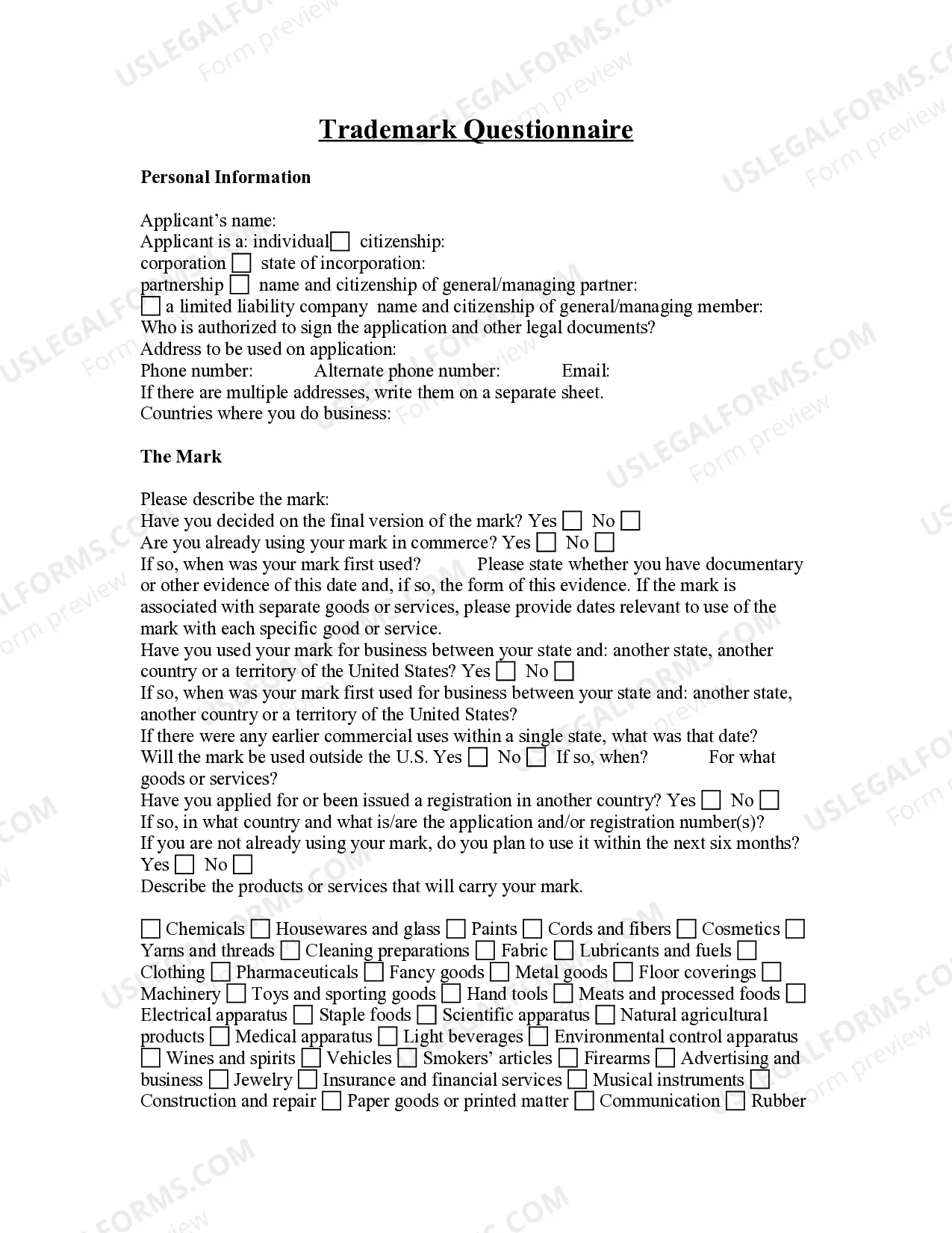 Trademark or Servicemark Questionnaire Thumbnail