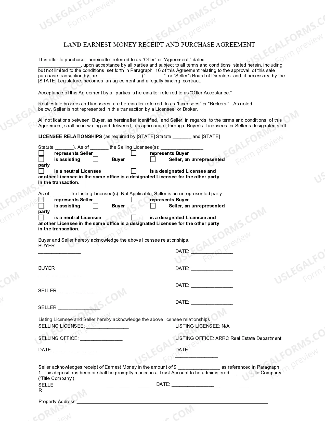 Land Earnest Money Receipt and Purchase Agreement Thumbnail