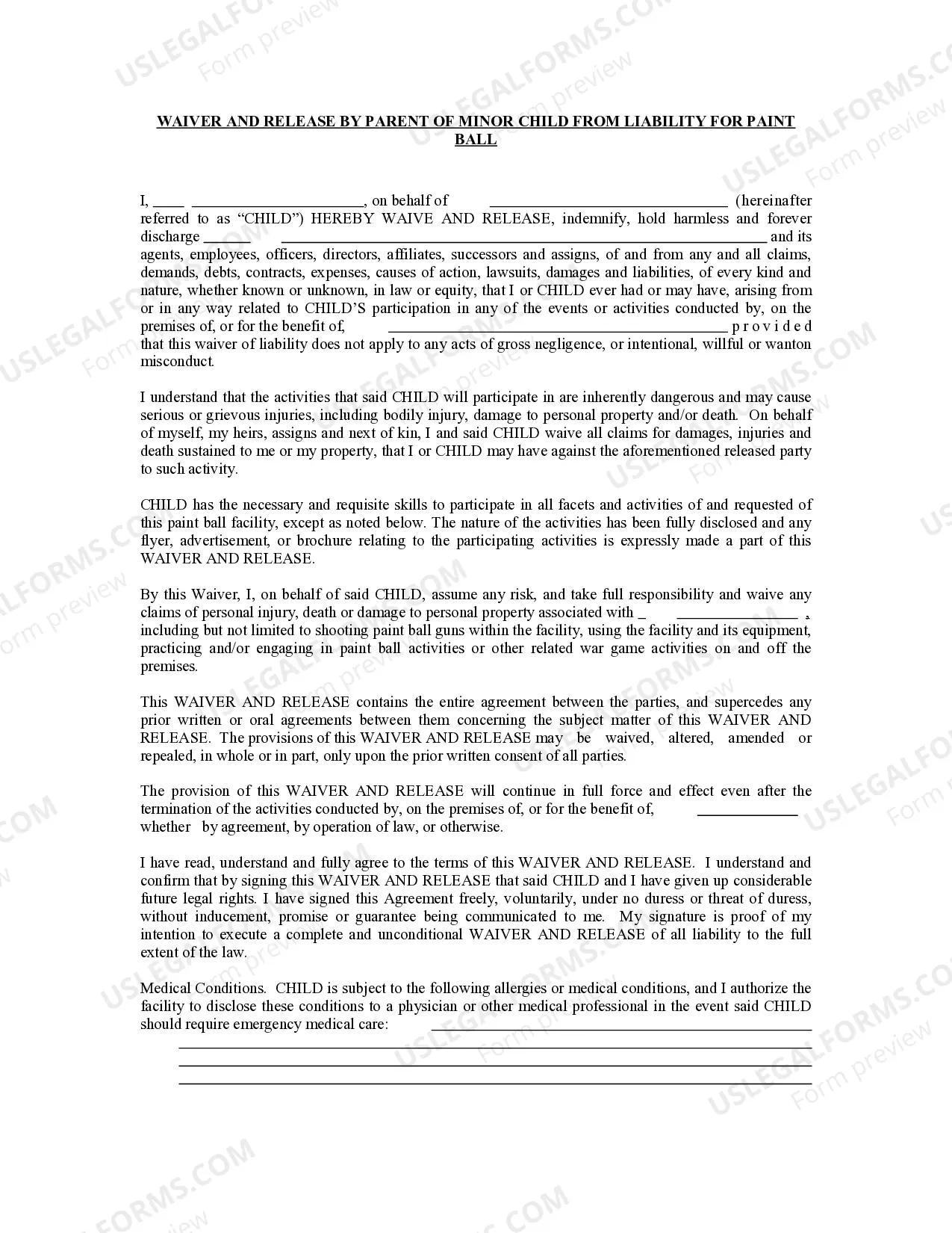 Waiver and Release From Liability For Minor - Paint Ball Thumbnail