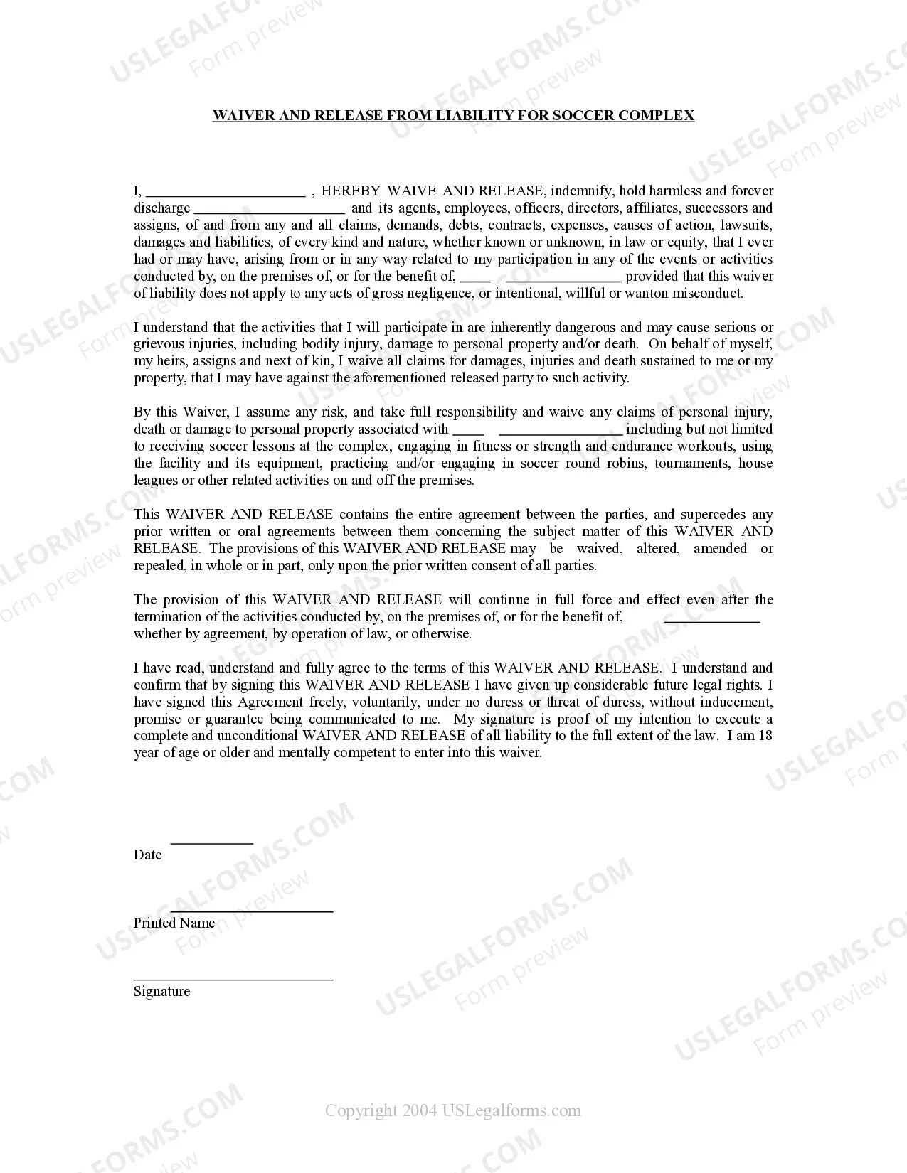 Waiver and Release From Liability For Adult for Soccer Complex Thumbnail