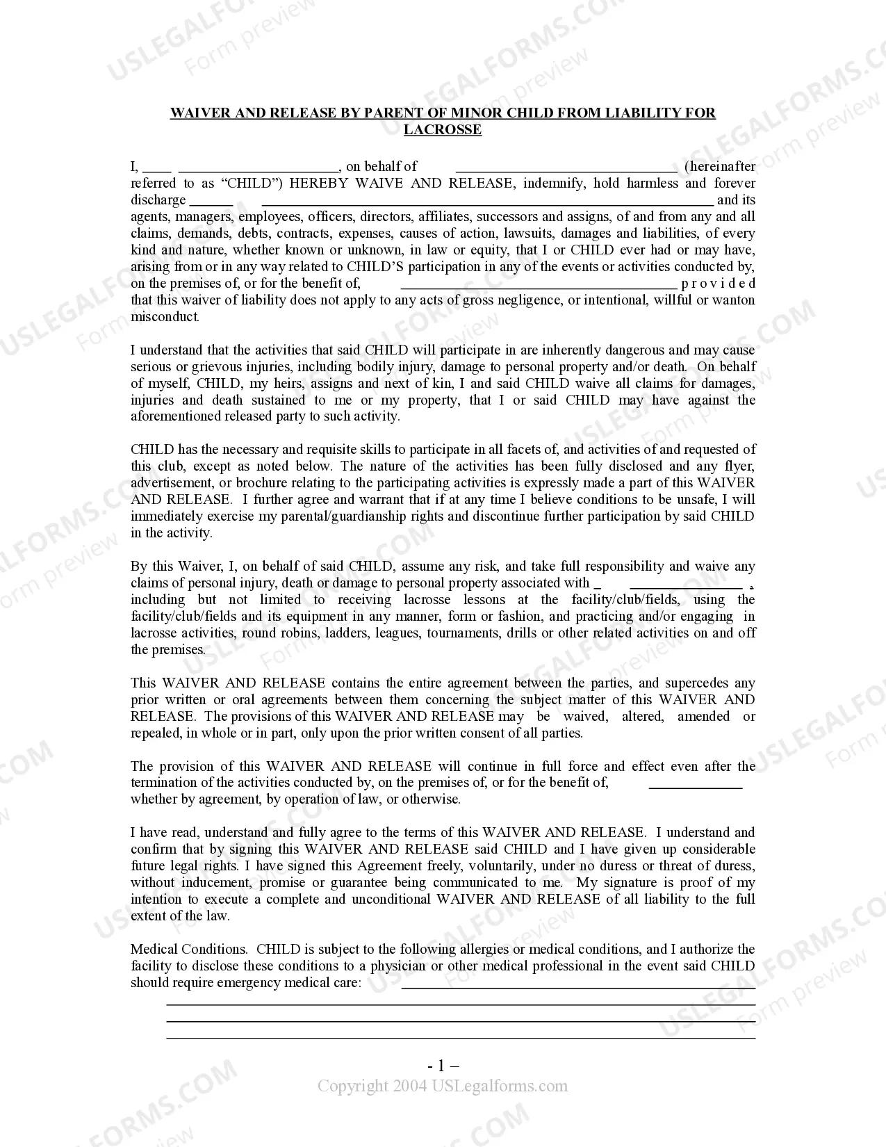 Waiver and Release From Liability For Minor Child for Lacrosse Thumbnail