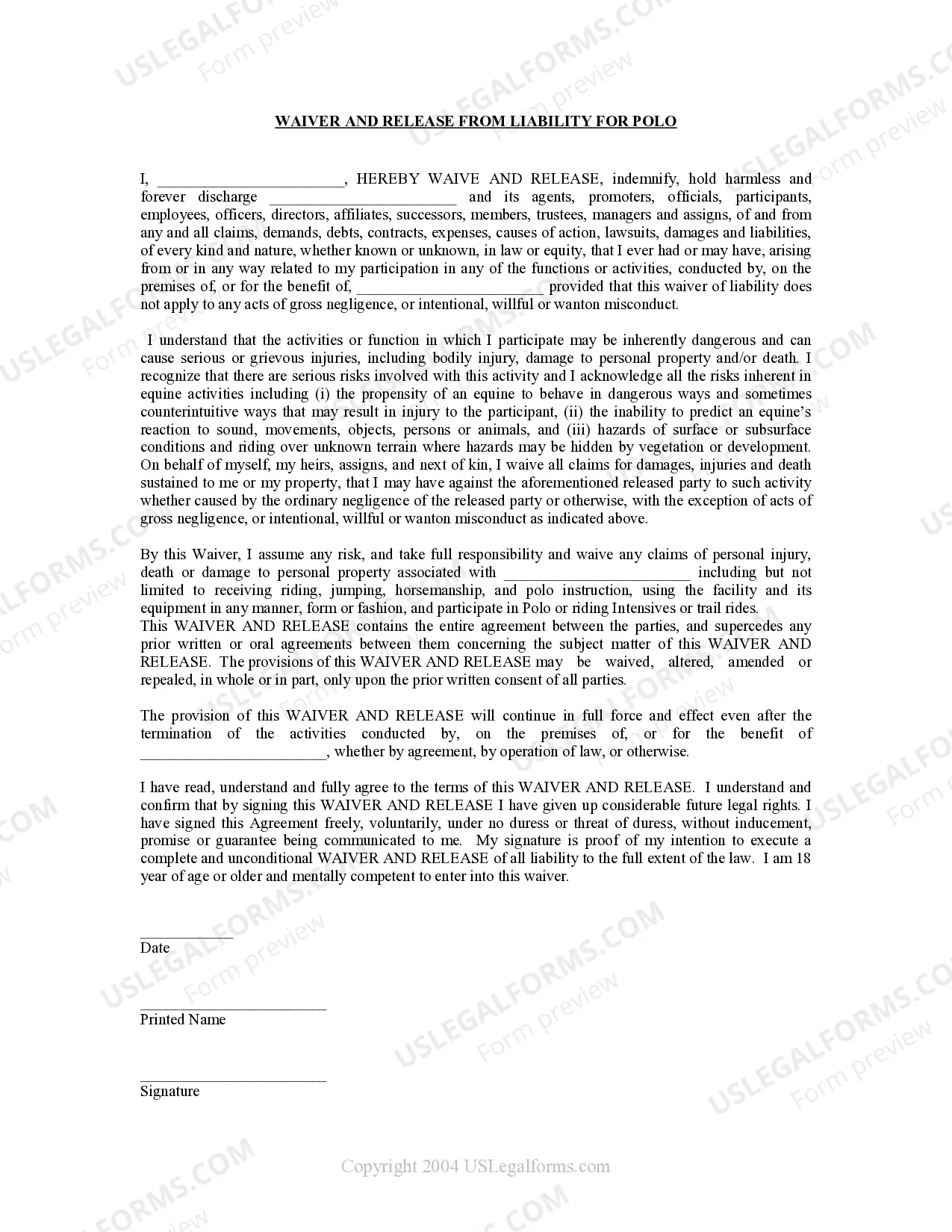 Waiver and Release From Liability For Adult for Polo Thumbnail