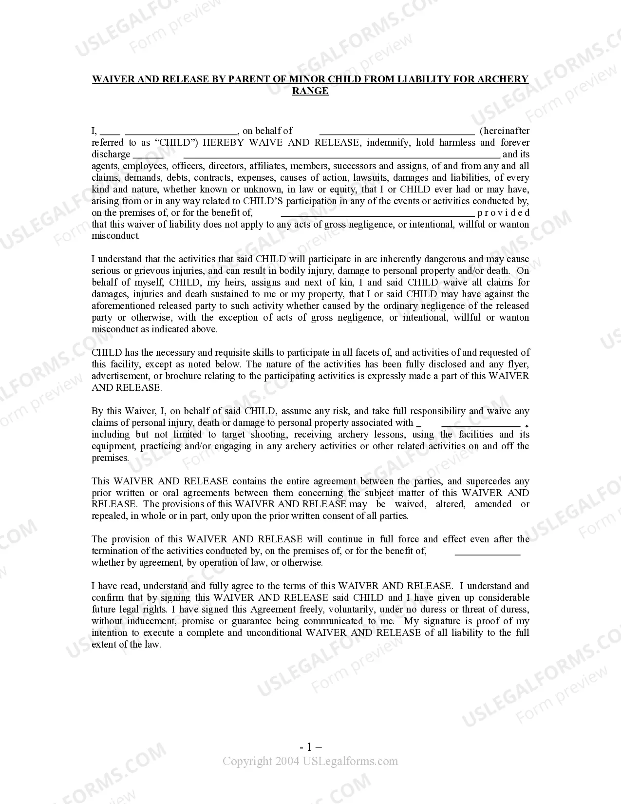 Waiver and Release From Liability For Minor Child for Archery Range Thumbnail