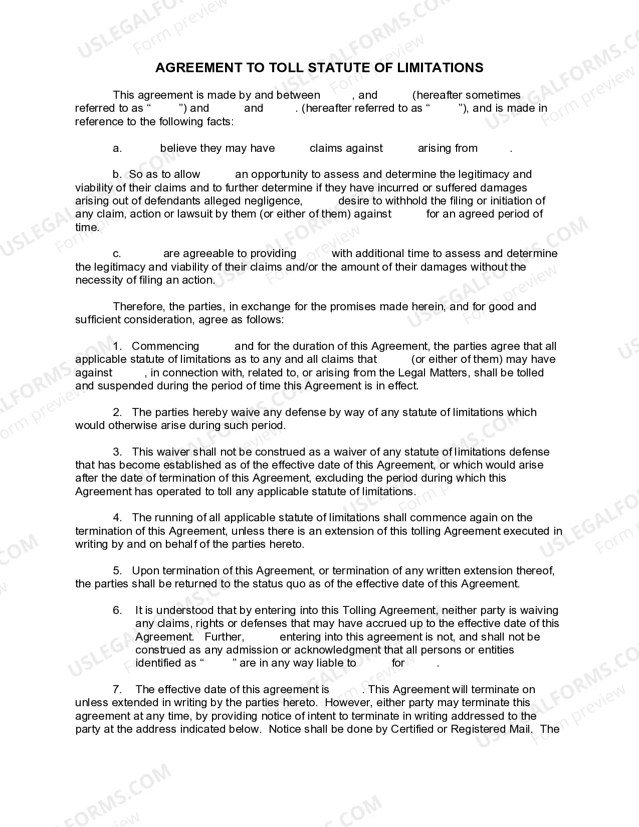 Agreement to Toll Statute of Limitations Thumbnail